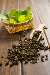 tea leaves on wooden table