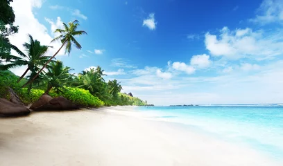 Raamstickers Tropisch strand strand in zonsondergangtijd op Mahe-eiland in Seychellen