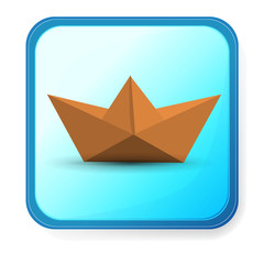 Origami paper ship isolated on blue background.