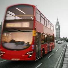 Stickers pour porte Rouge, noir, blanc Bus à impériale, Big Ben loin derrière