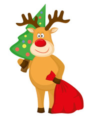 Obraz na płótnie Canvas Deer with a Christmas fur-tree and a bag of gifts