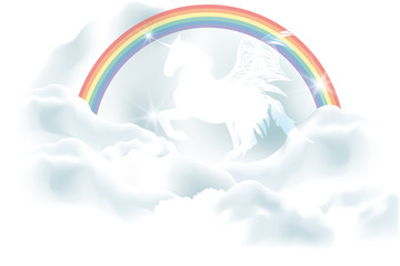 White unicorn in clouds under the rainbow