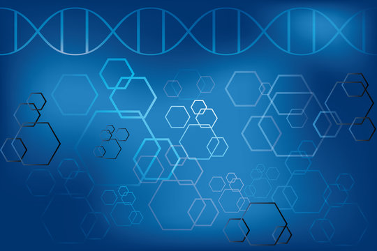 DNA strand and abstract atoms on light blue background