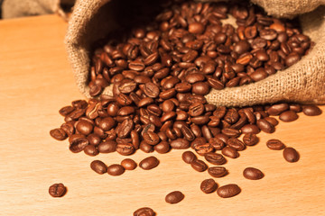 Coffee beans in a sack close-up