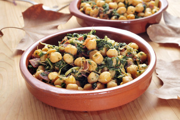 spanish espinacas con garbanzos, spinach with chickpeas, served
