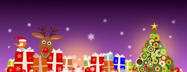 Weihnachtsmotiv - Geschenke, Baum, Vogel und Rentier