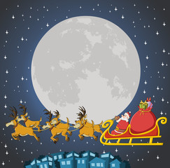 Santa Claus on sleigh with reindeer flying