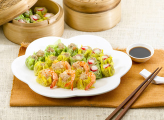 Dim sum with variety topping crab shrimp and pork great asian fo