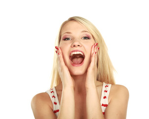 Joyful woman cries , isolated on white background