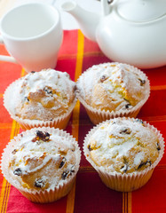 Sweet Muffins with tea on the table