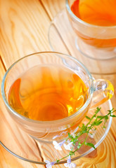 Fresh tea with lemon in the glass cup
