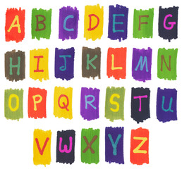 The alphabet written with colorful felt tip marker ink pens.