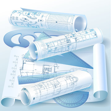 Architectural background with drawing tools and rolls of drawing