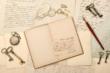 open book, vintage accessories, old letters