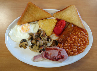Traditional English fried breakfast.