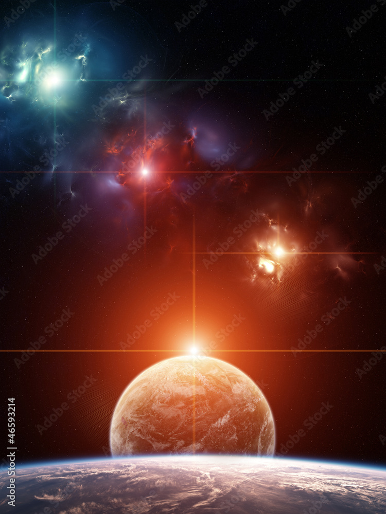 Wall mural planet system with colorful nebula on background