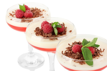 fruit jelly with chocolate and raspberries in glasses isolated