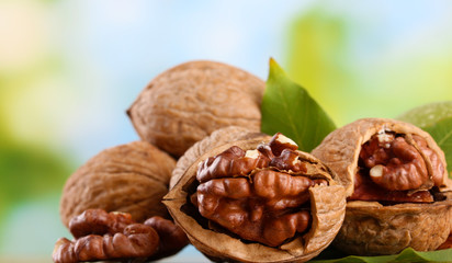 walnuts with green leaves, on green background