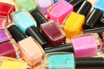 Group of bright nail polishes, close up
