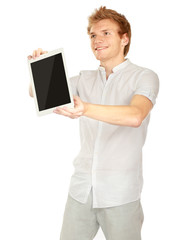 Businessman holding computer plane-table