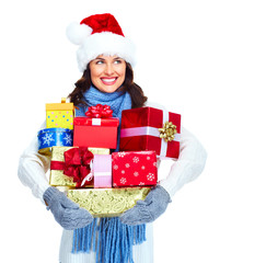 Santa helper Christmas girl with a presents.