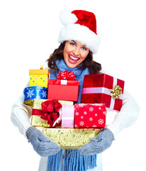 Santa helper Christmas girl with a presents.