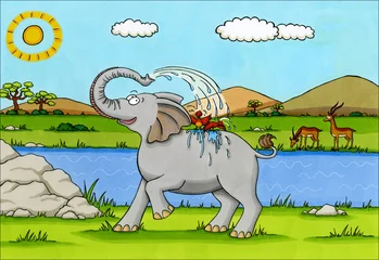 Cercles muraux Rivière, lac Caricature de l& 39 Afrique - éléphant et antilope