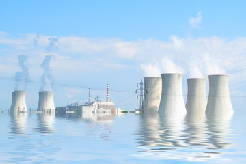 Flooded nuclear power plant. Ecological catastrophe concept.