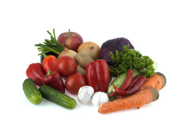 fresh fruits and vegetables isolated on white background