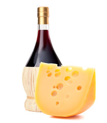 Red wine bottle and  cheese still life