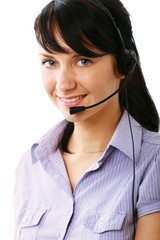 Young woman with headset isolated on white background