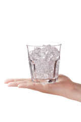 glass with ice cubes on hand in white