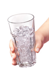 photo of empty glass with ice cubes on white background
