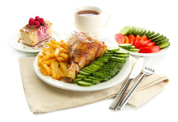 Roast chicken cutlet with boiled potatoes and  vegetables, cup
