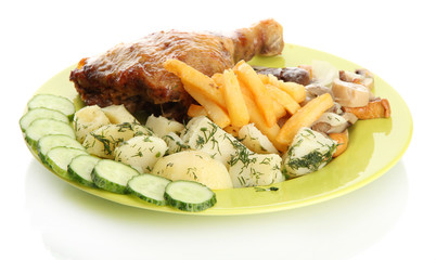 Roast chicken with potatoes, and cucumbers