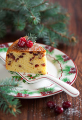 Cake with dried cranberries, selective focus