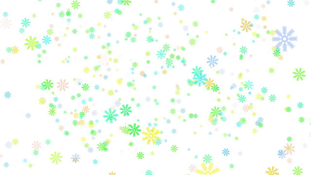 Snow on white background, colorful snowflakes, loop