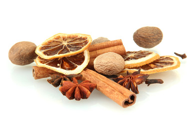 composition of christmas spices, isolated on white