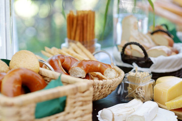 Fresh cheese and bread on a table