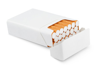 Open pack of cigarettes isolated on white with clipping path