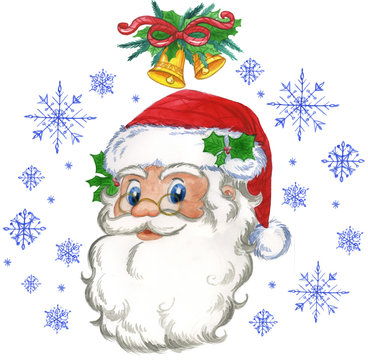 Retro Santa Claus and snow flakes watercolor