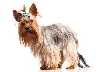 Yorkshire terrier dog looking at camera over white