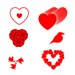 set different red hearts bird and symbols