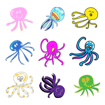 set of funny octopus cartoon hand-drawn