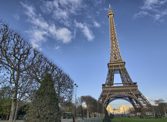 Eiffel Tower and Champ de Mars in Paris, France. Famous landmark