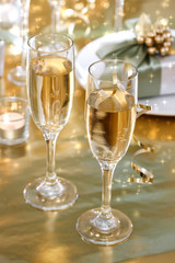 Champagne glasses on the dinner table