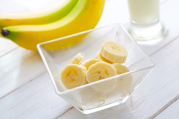 Fresh banana in the glass bowl, banana and milk