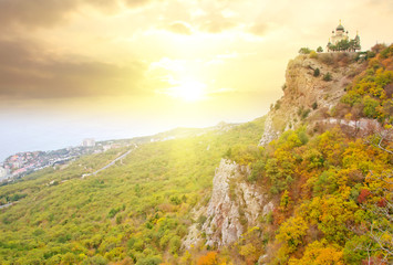 The chourch in Crimea mountain, sunset in the mountain
