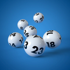 6 Lottokugeln rollen auf blauem Hintergrund