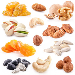 Collection of nuts and dried fruits isolated on the white
